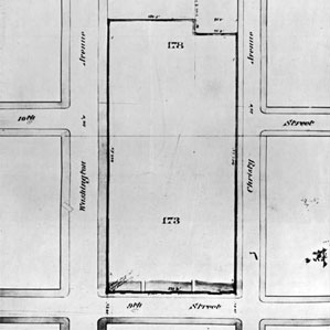 A map showing 482 feet of land on Washington Avenue and 462 feet along Lucas Avenue (then known as Christy Avenue), owned by Saint Louis University. The width of the property was 225 feet on Ninth Street.